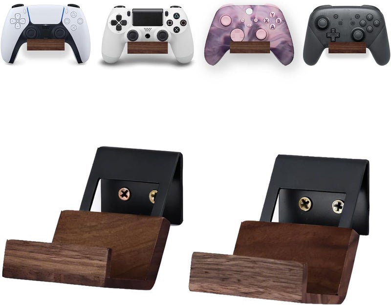 NIRVASH Walnut Controller Wall Mount, Wood Game Controller Holder Stand & Headphone Hanger, Controller & Headset Stand Compatible with Xbox, PS5, Remote (2 Pack Black) - Image 1
